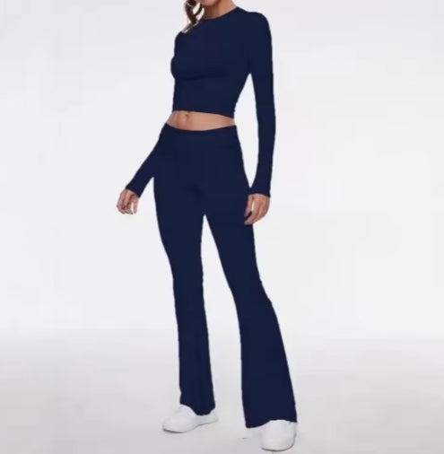 Ensemble Femme 2 Pièces – Haut Manche Longue & Pantalon Évasé Ultra Confort