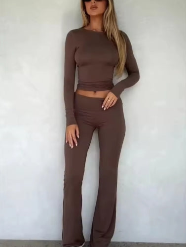 Ensemble Femme 2 Pièces – Haut Manche Longue & Pantalon Évasé Ultra Confort