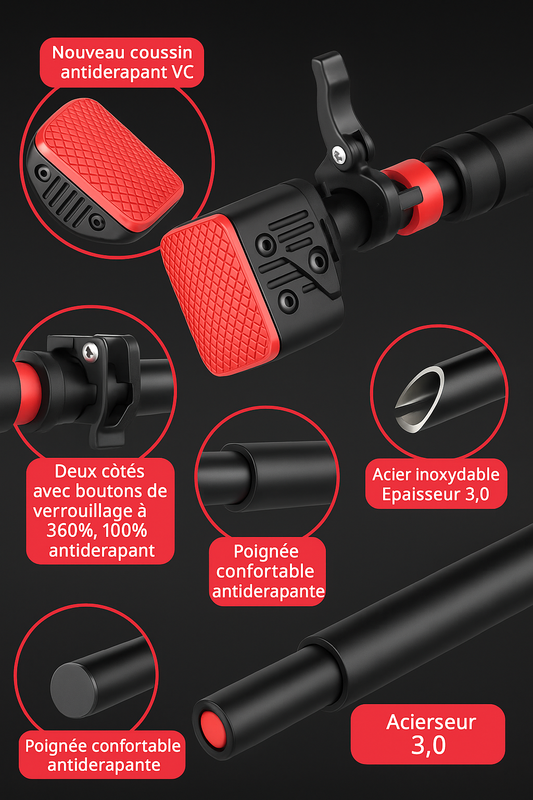 Barre de Traction Antidérapante Renforcée – Acier Inoxydable 3 mm & Verrouillage 360°